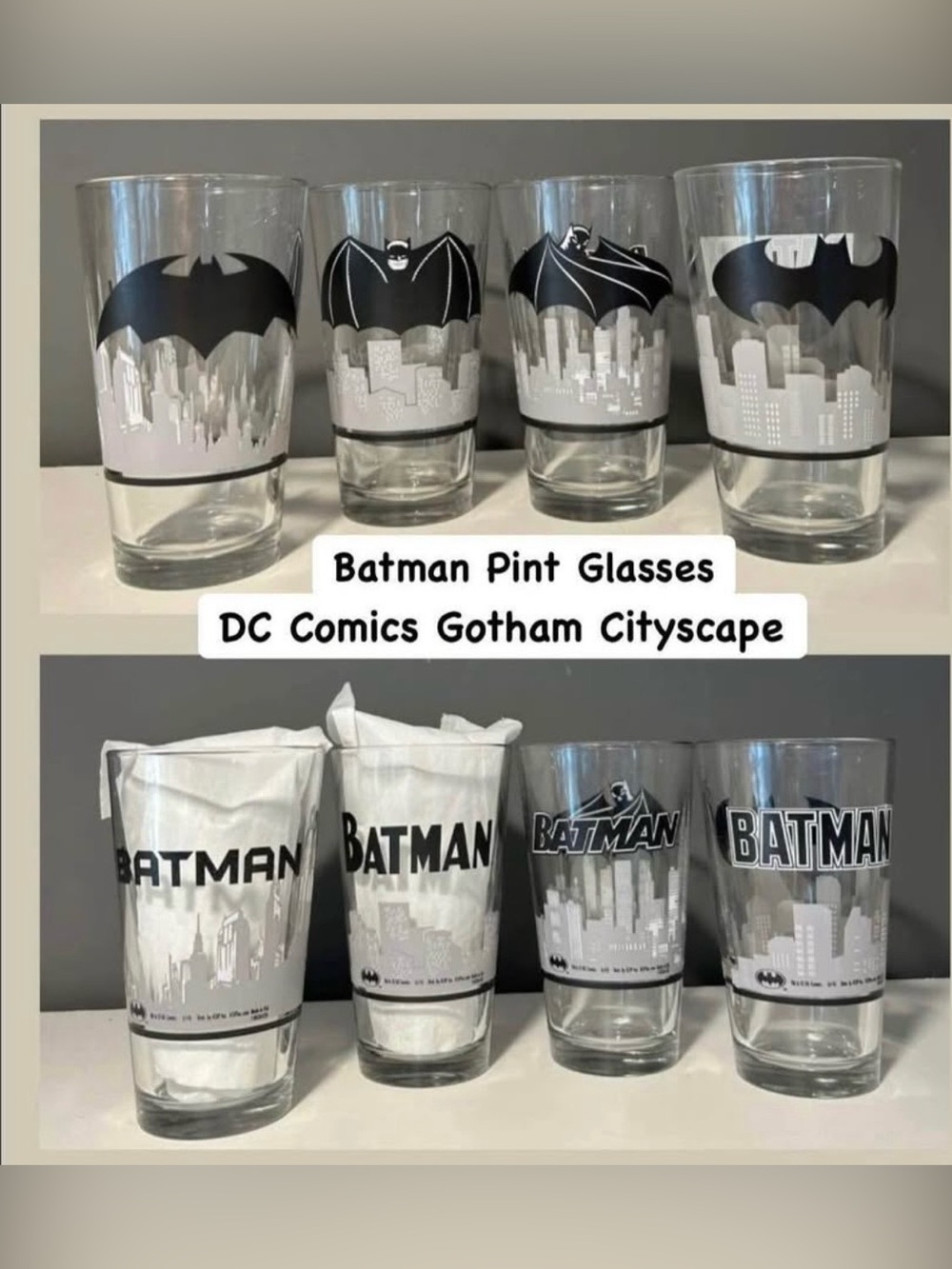 Batman Gotham Cityscape Pint Glasses — Black and White
